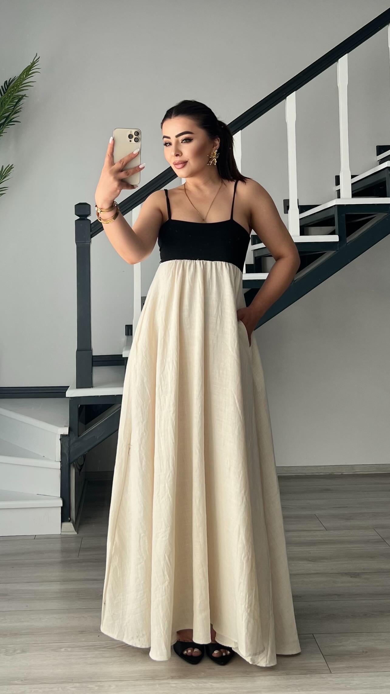 Natural Patchwork Maxi Keten Elbise 