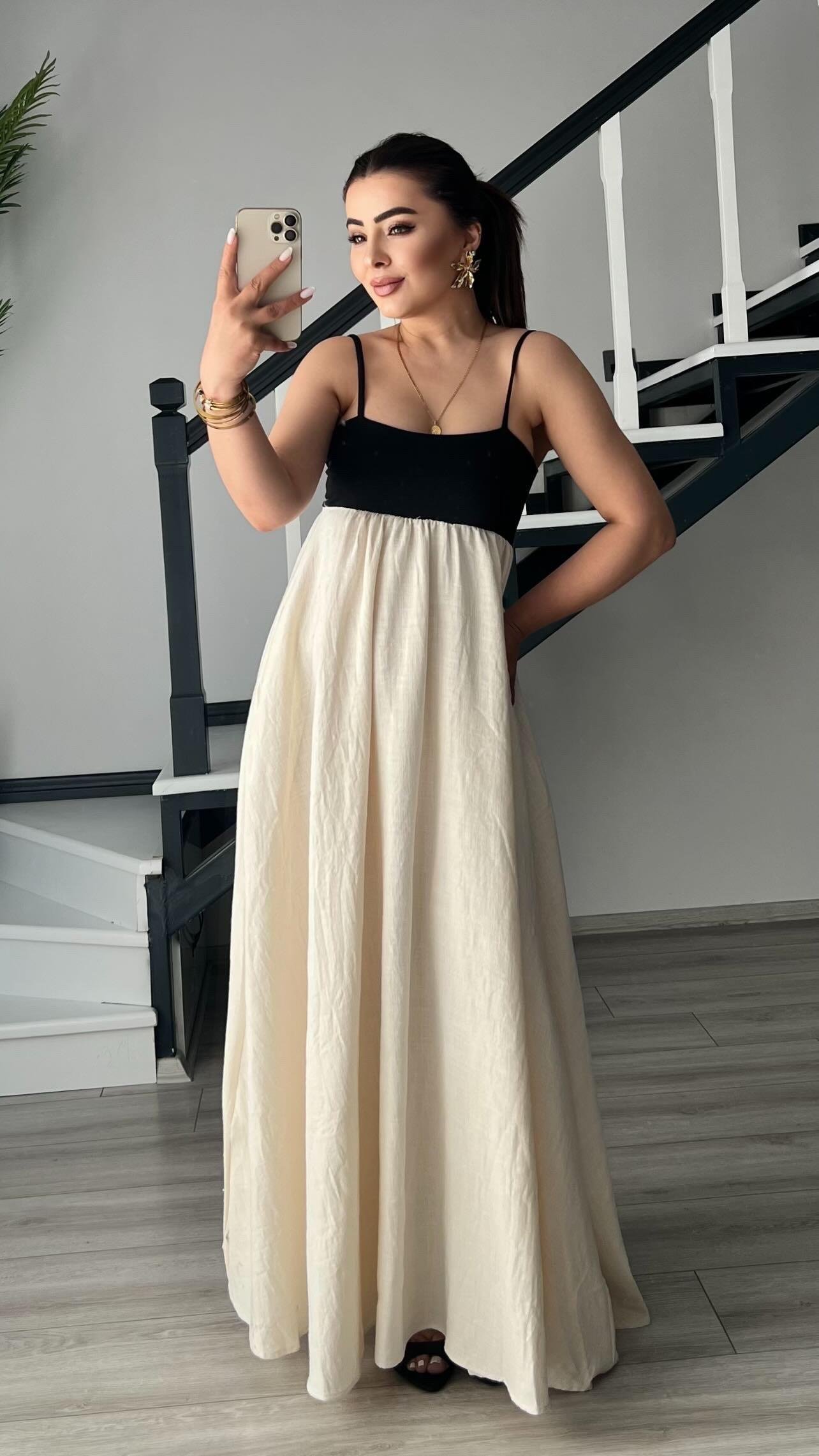 Natural Patchwork Maxi Keten Elbise 