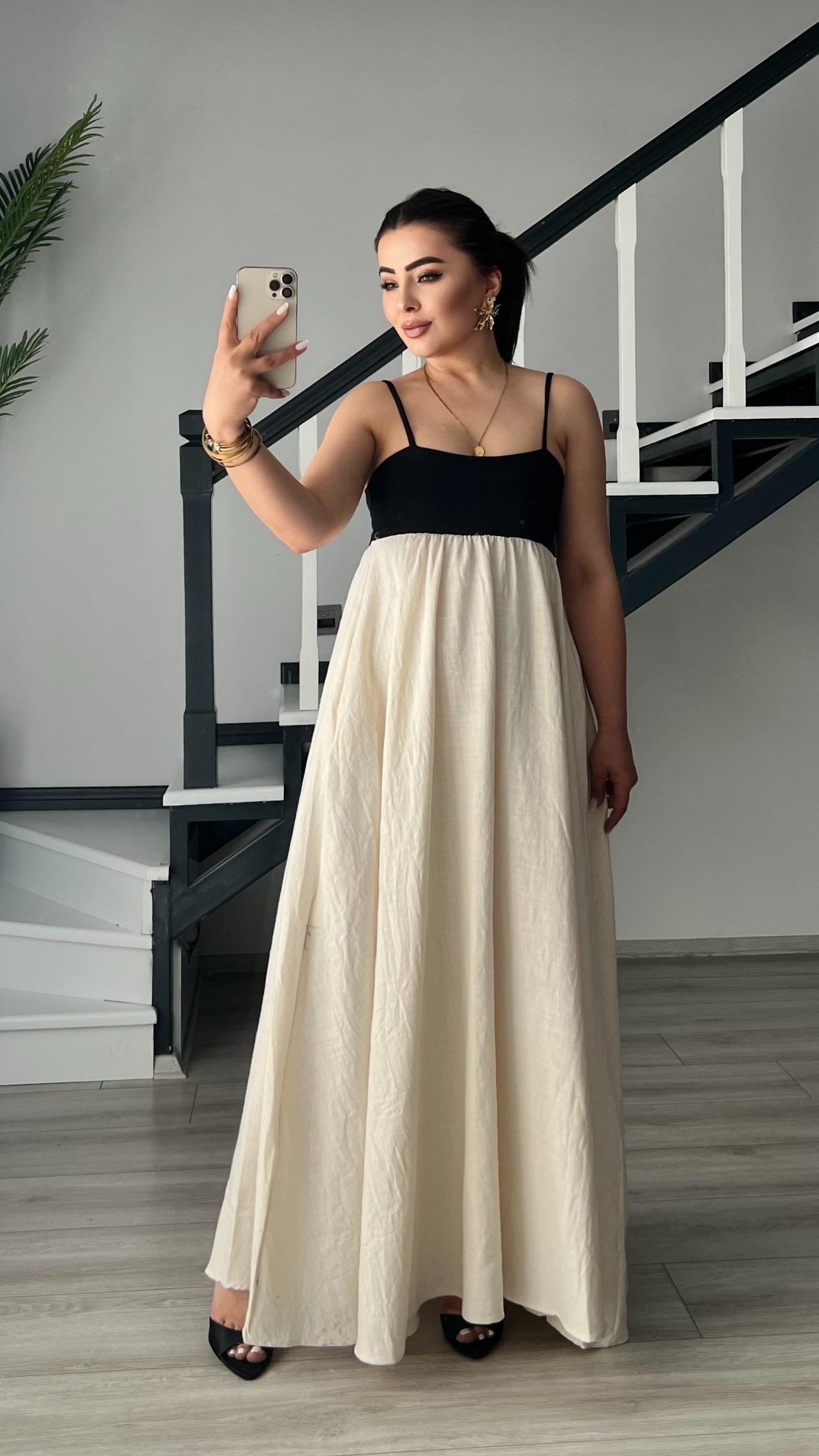 Natural Patchwork Maxi Keten Elbise 