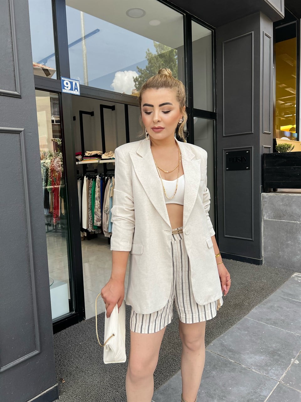 Naturel Keten Blazer Ceket