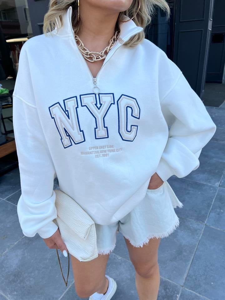 NYC Nakışlı Fermuarlı Sweatshirt