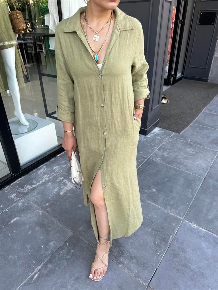 Olive %100 Ham Keten Boydan Düğmeli Kimono Elbise
