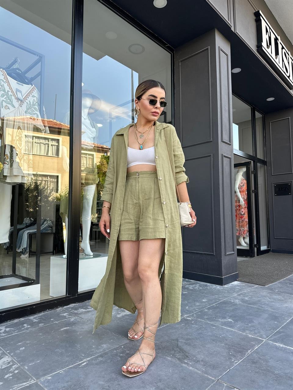 Olive %100 Ham Keten Boydan Düğmeli Kimono Elbise