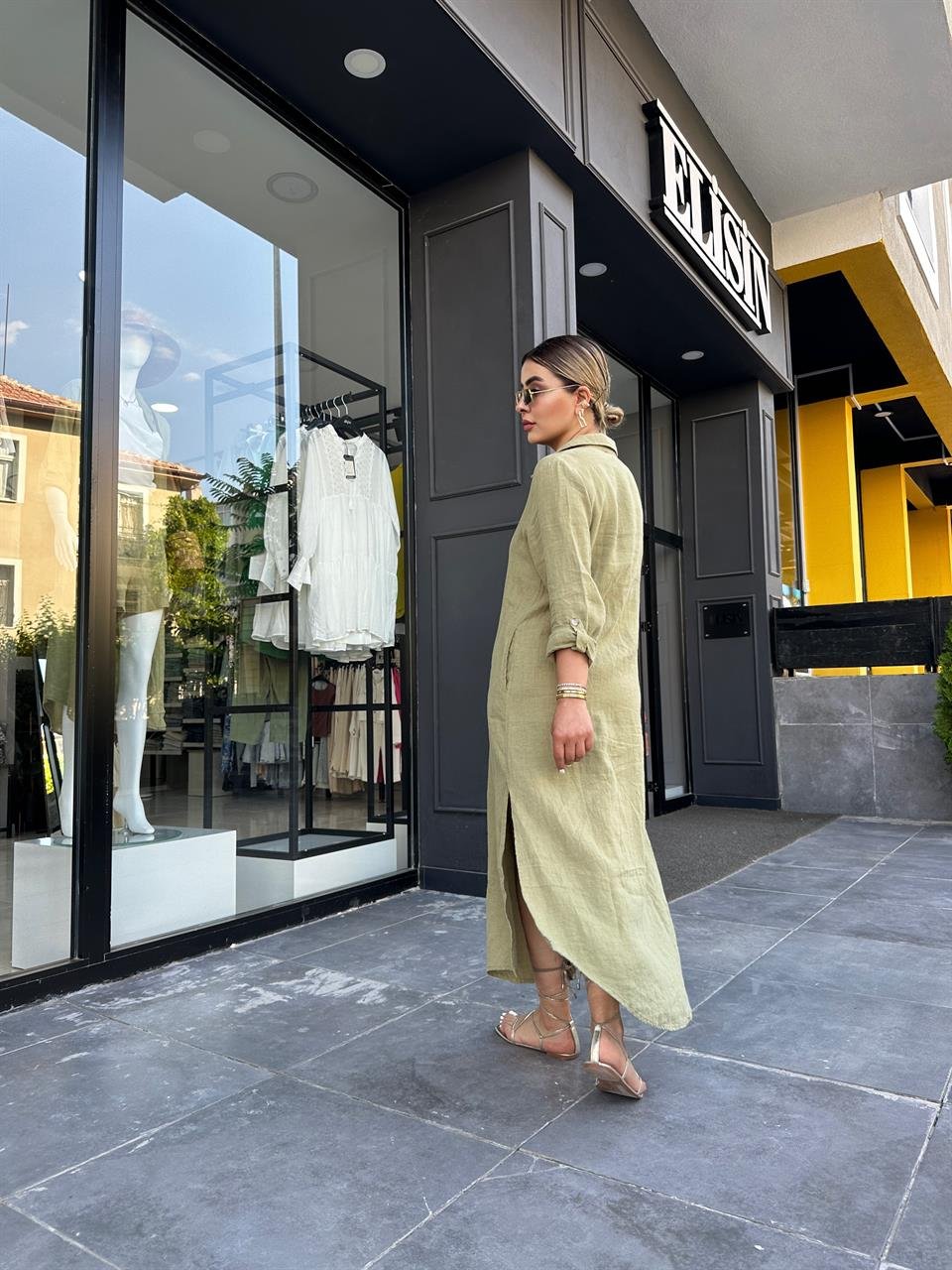 Olive %100 Ham Keten Boydan Düğmeli Kimono Elbise