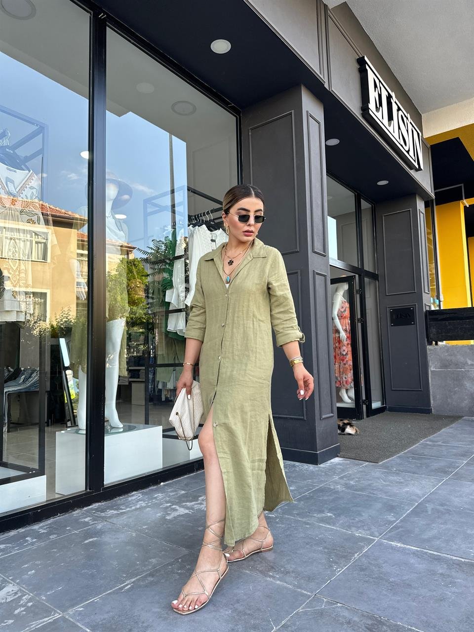 Olive %100 Ham Keten Boydan Düğmeli Kimono Elbise