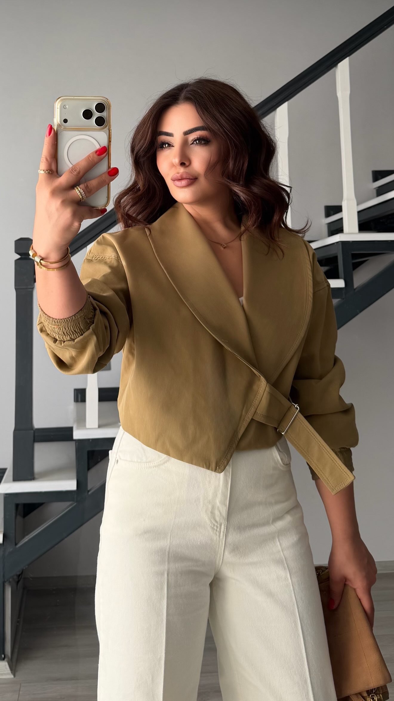 Olive Elastic Waist Belted Bomber Trench Coat