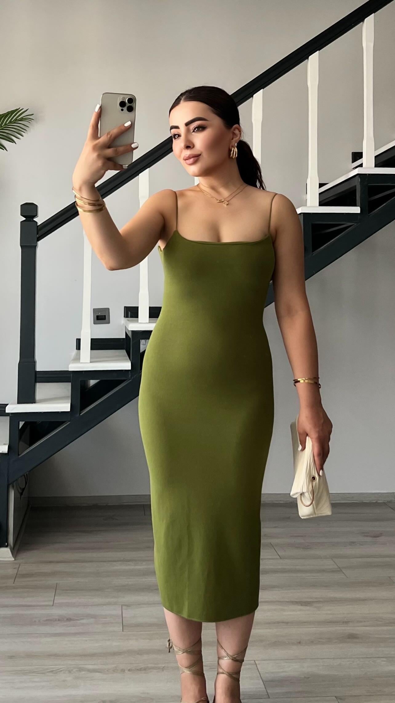 Olive Çelik Örme Askılı Elbise