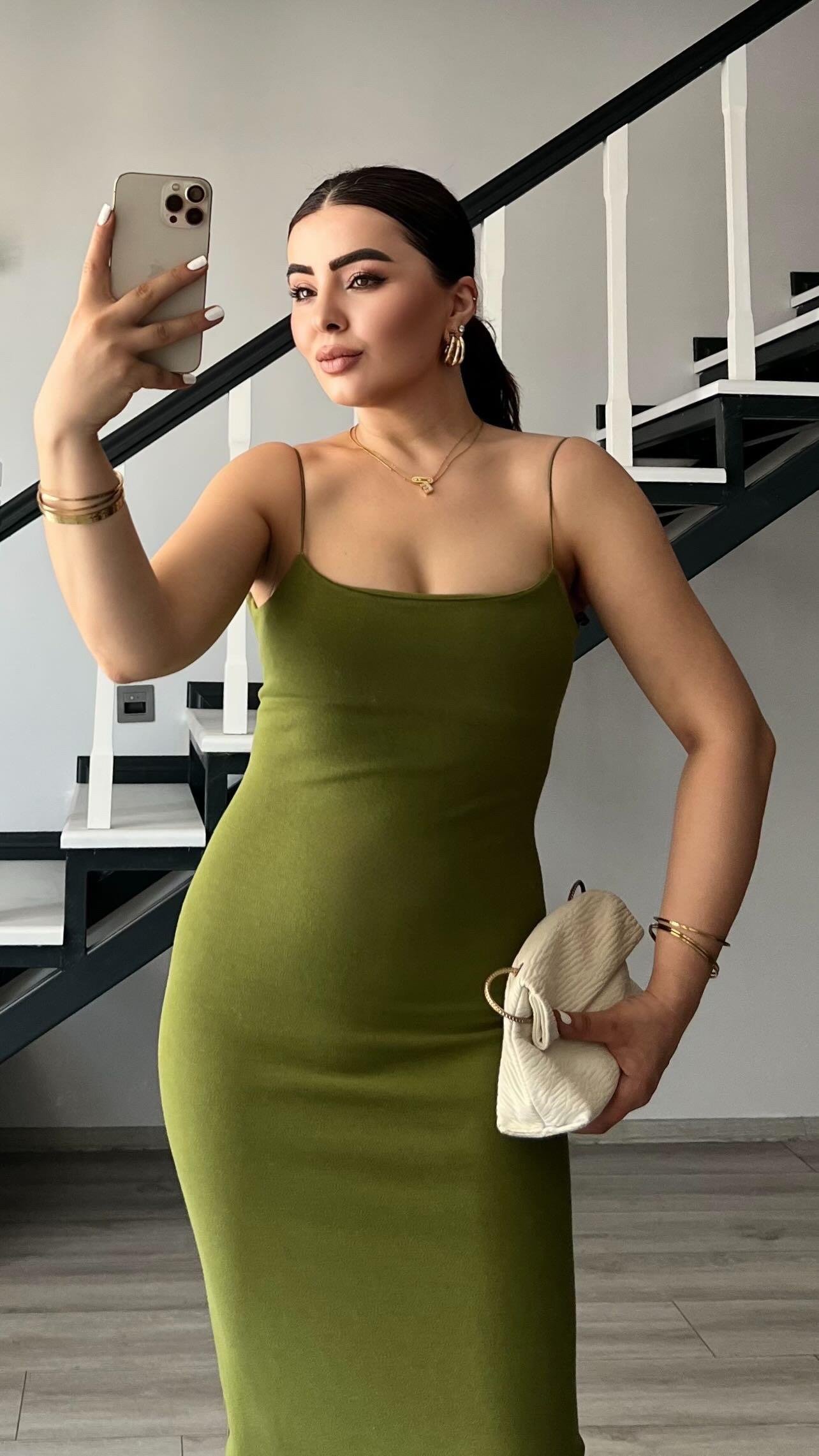 Olive Çelik Örme Askılı Elbise