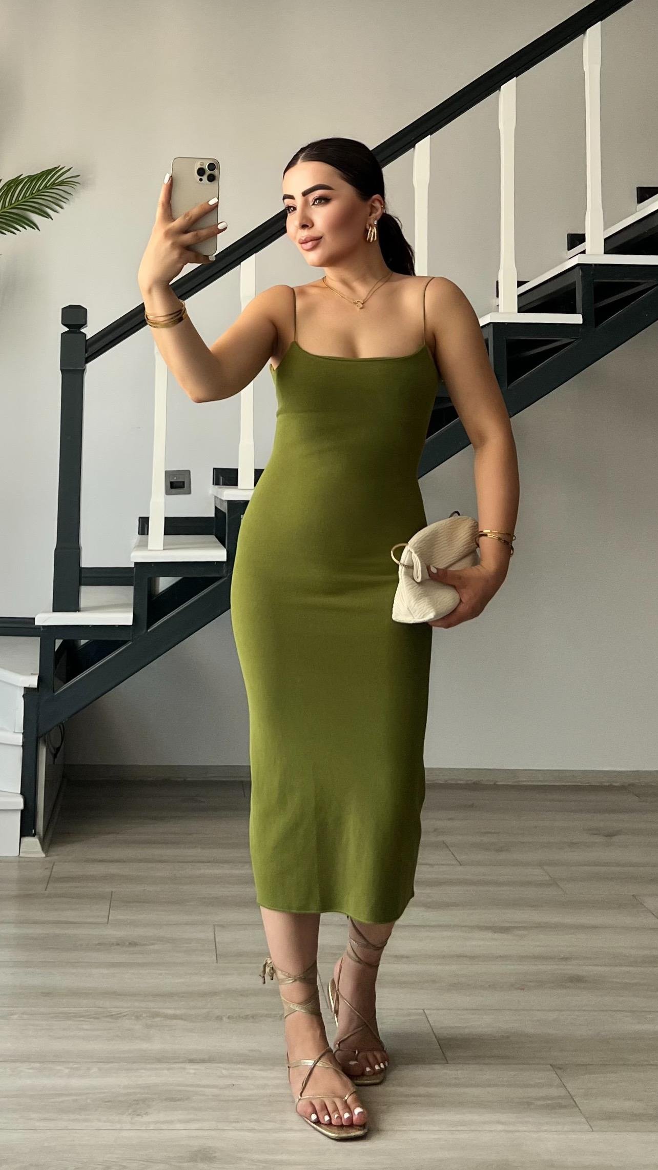 Olive Çelik Örme Askılı Elbise