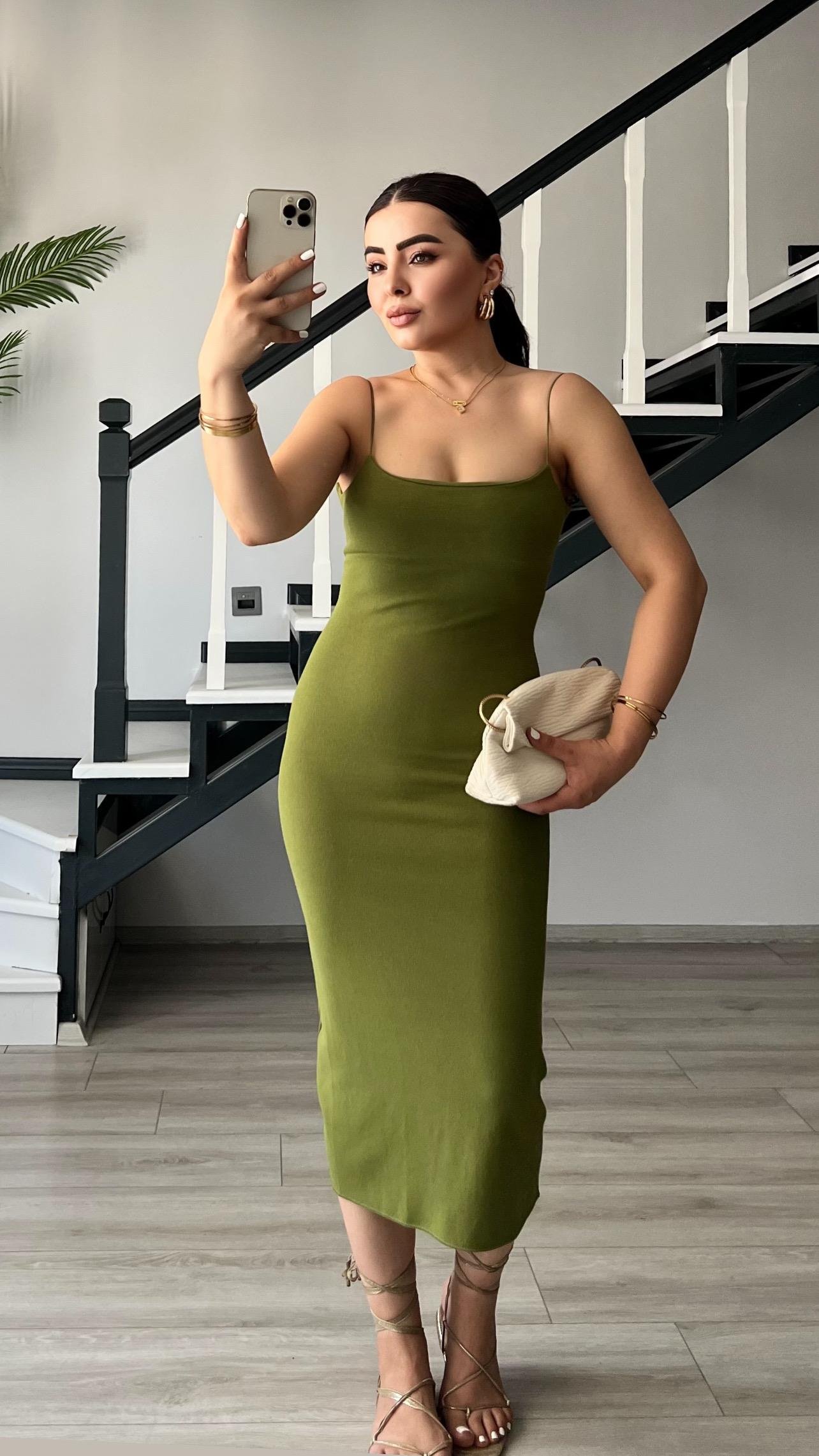 Olive Çelik Örme Askılı Elbise