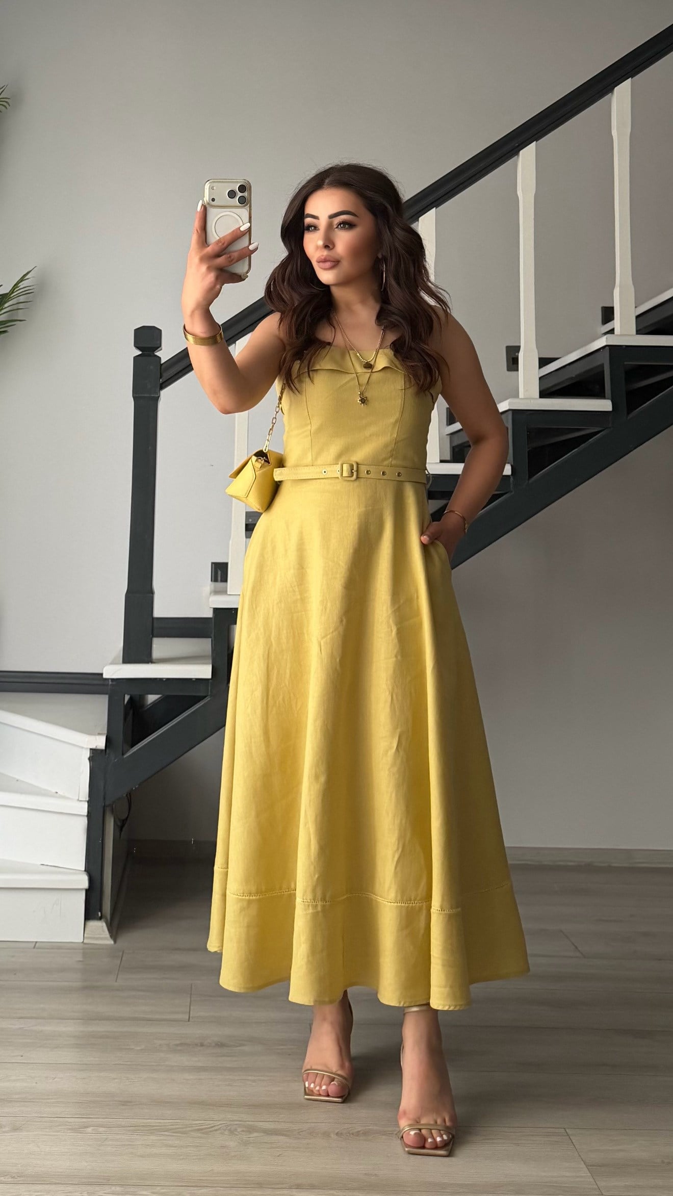 Olive Linen Belted Midi Dress with Straps