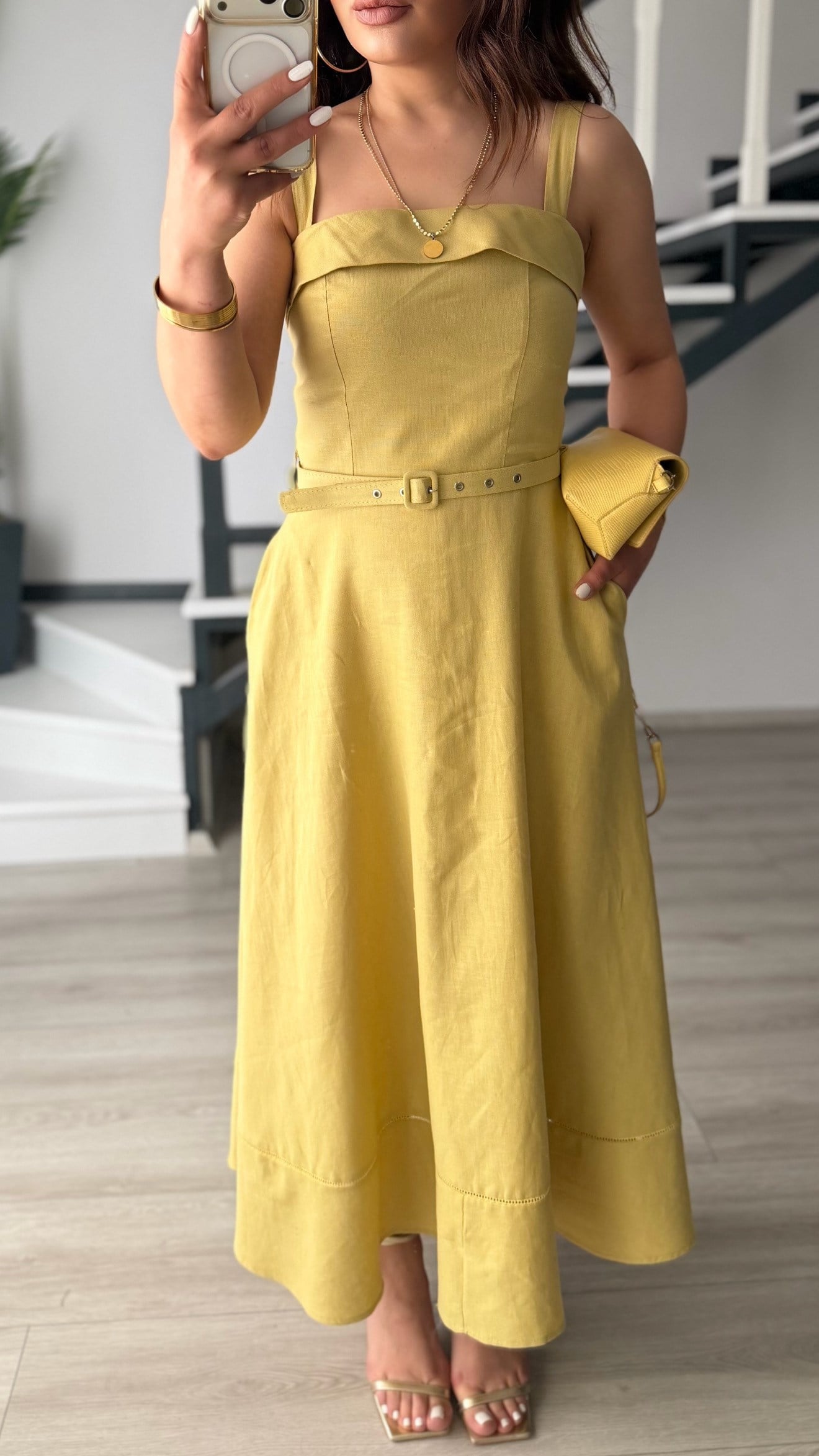 Olive Linen Belted Midi Dress with Straps