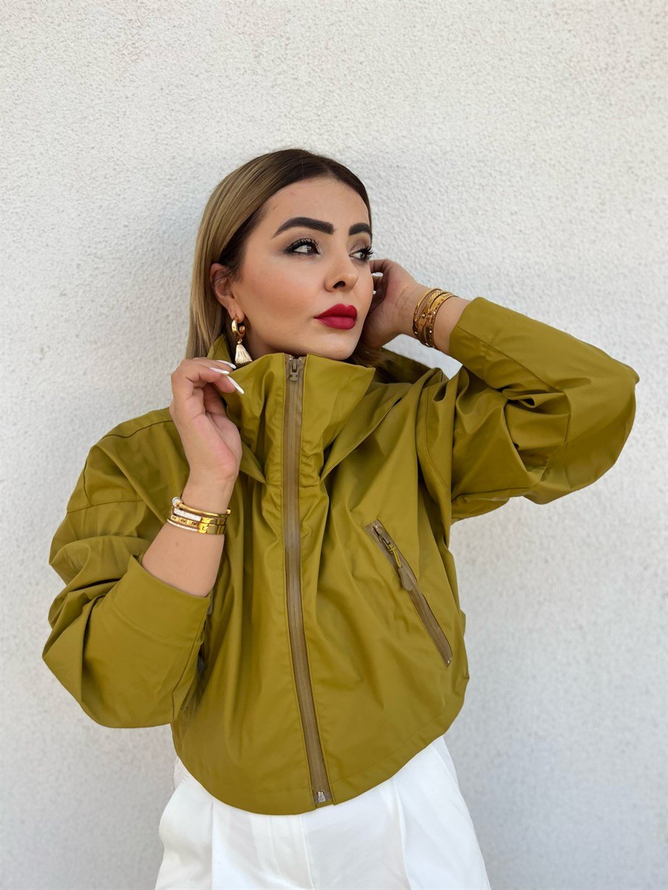 Olive Kısa Kapüşonlu Trençkot