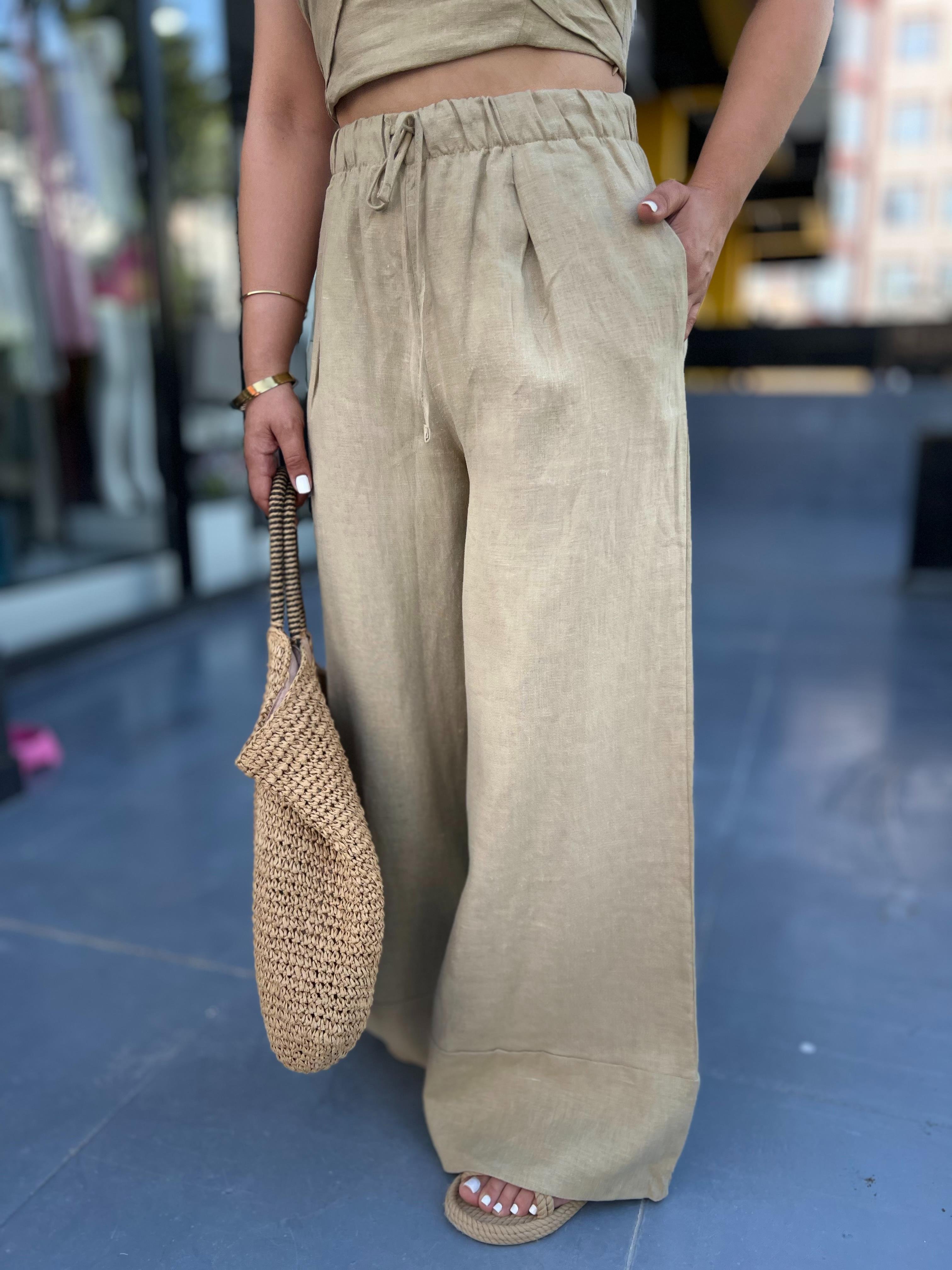 Olive Marka Model Keten Crop-Pantolon Takım