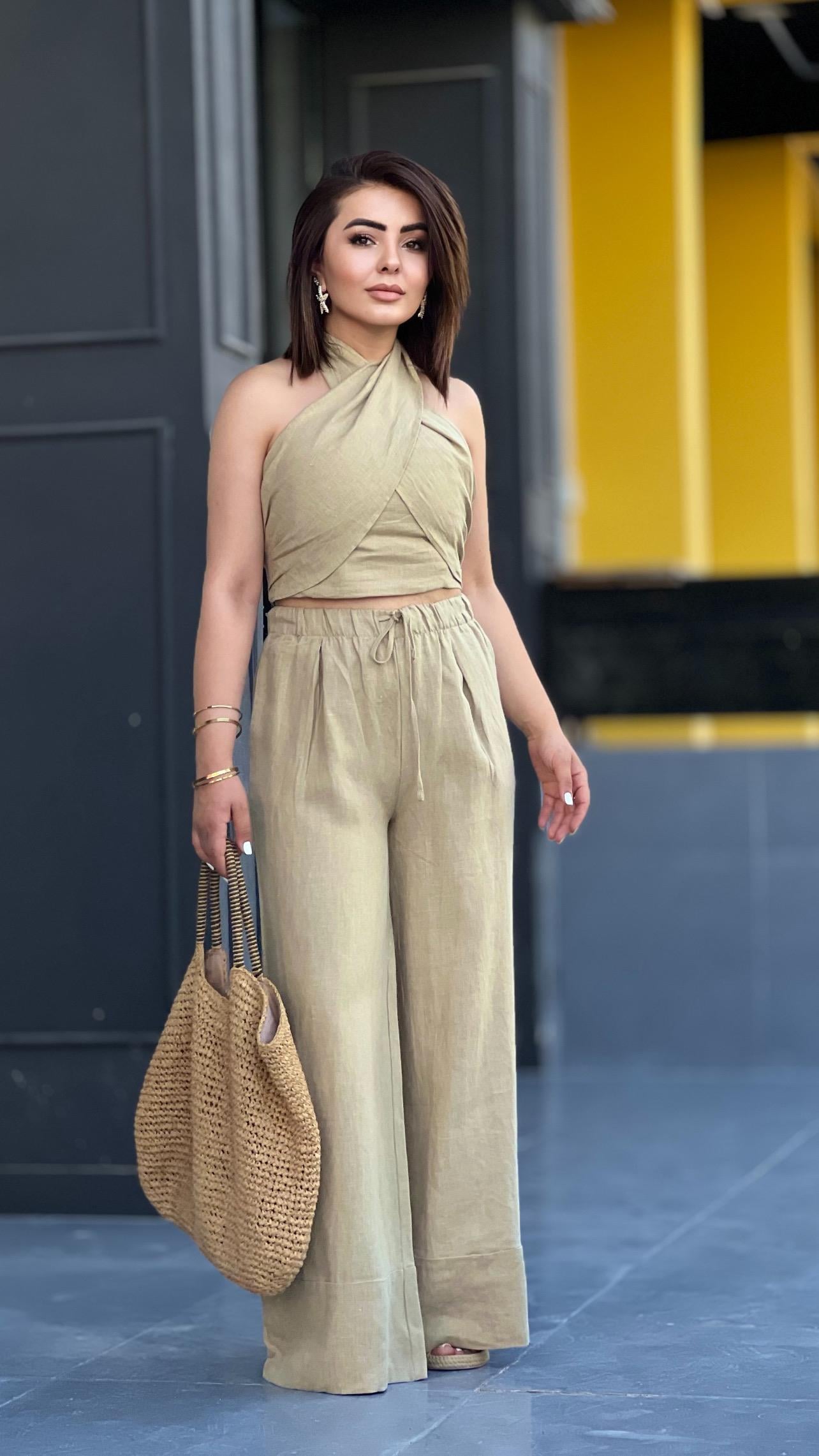 Olive Marka Model Keten Crop-Pantolon Takım