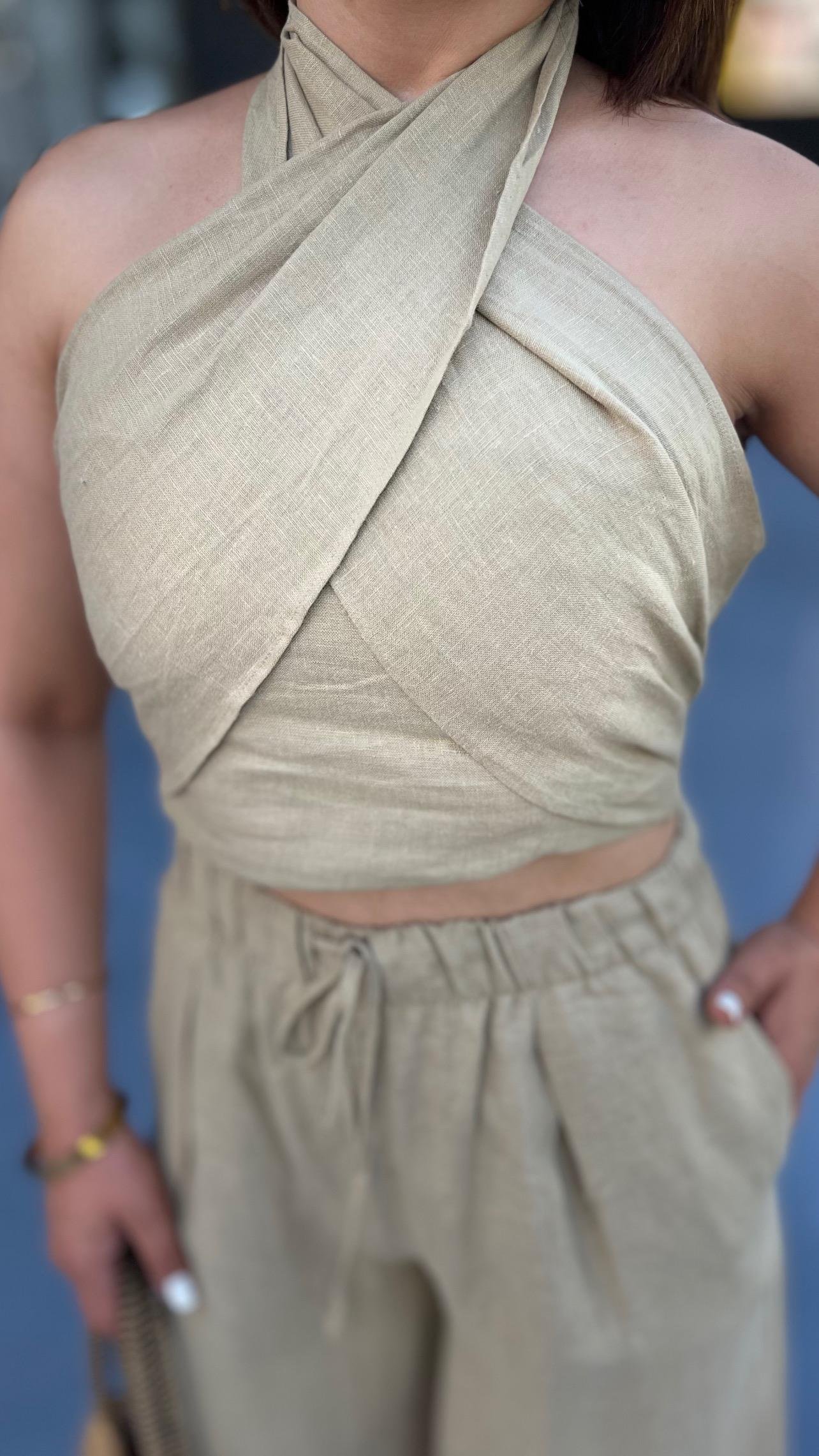 Olive Marka Model Keten Crop-Pantolon Takım