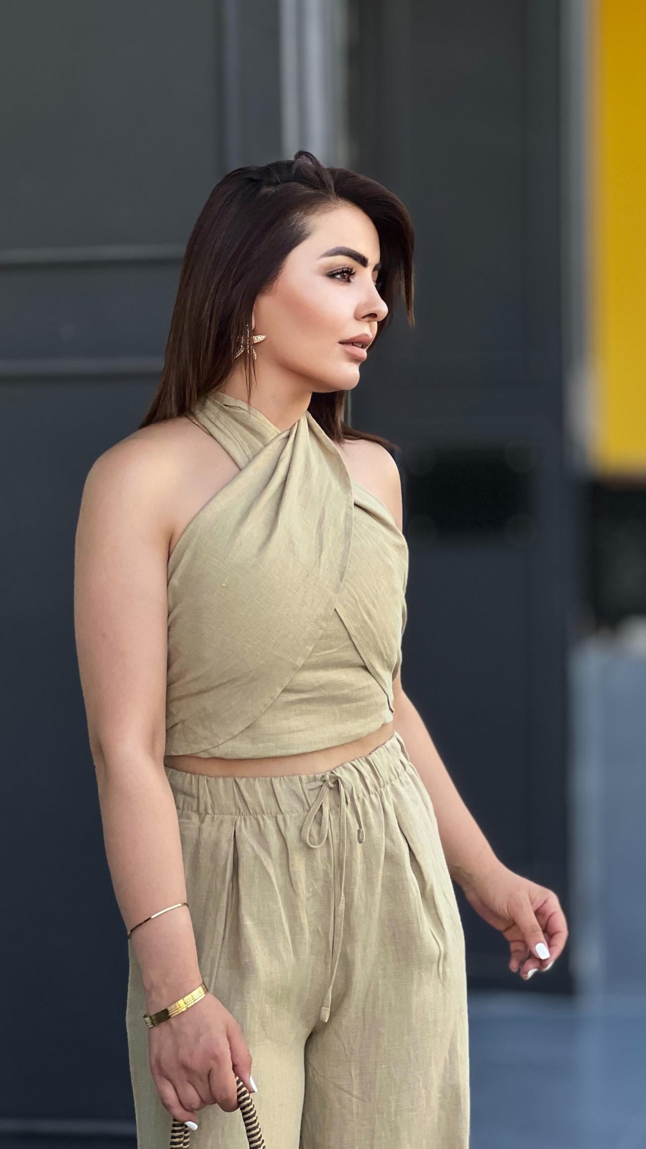 Olive Marka Model Keten Crop-Pantolon Takım