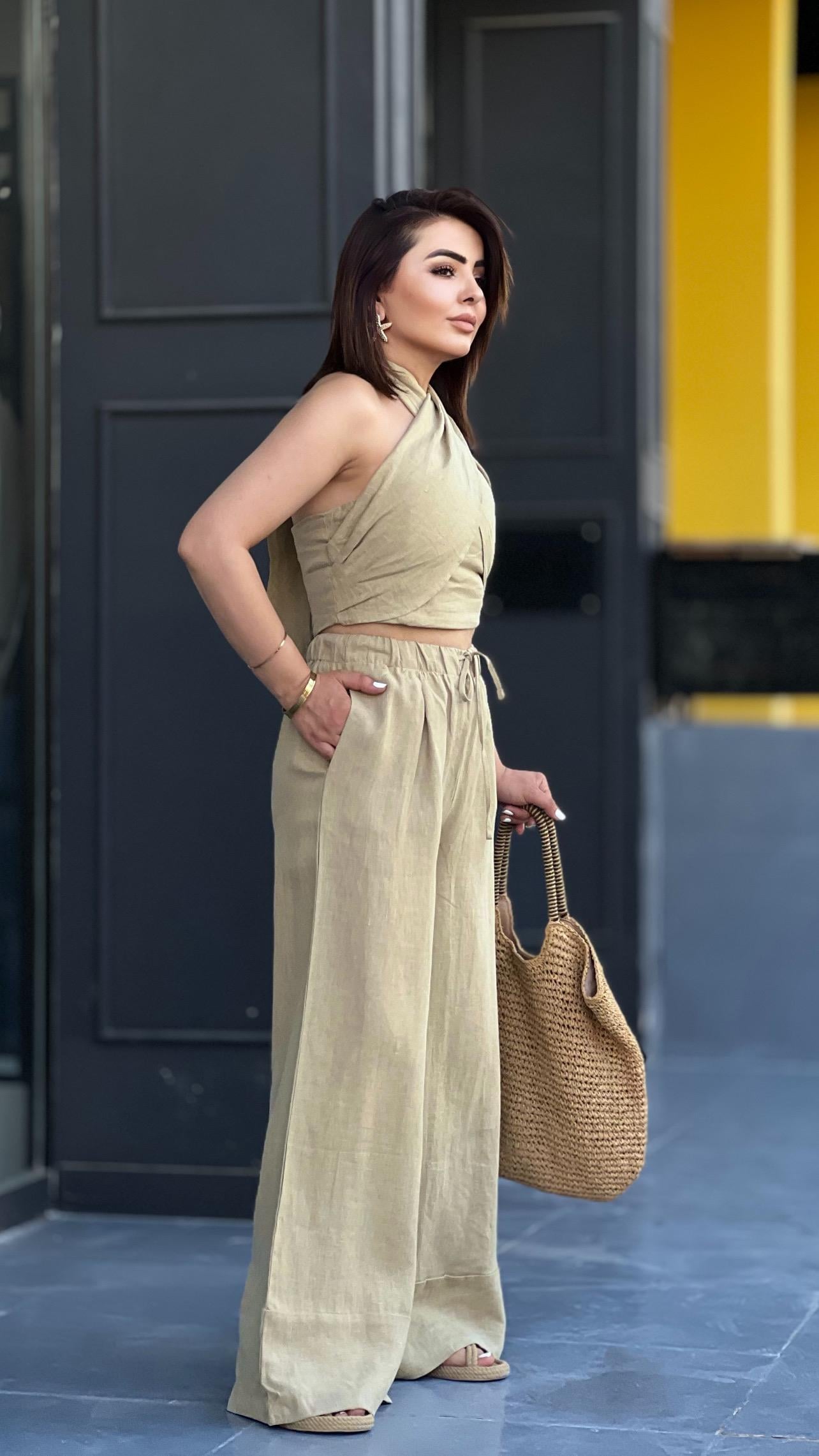 Olive Marka Model Keten Crop-Pantolon Takım