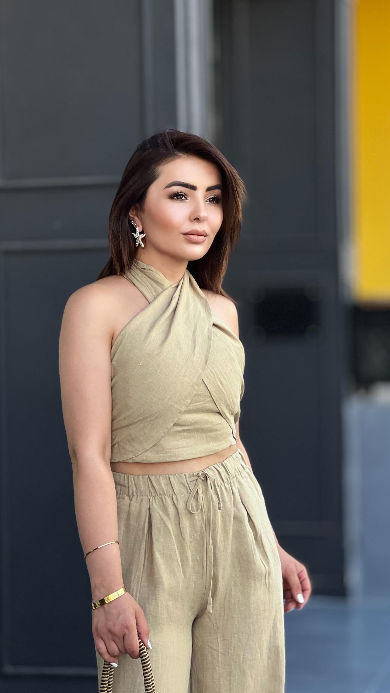 Olive Marka Model Keten Crop-Pantolon Takım
