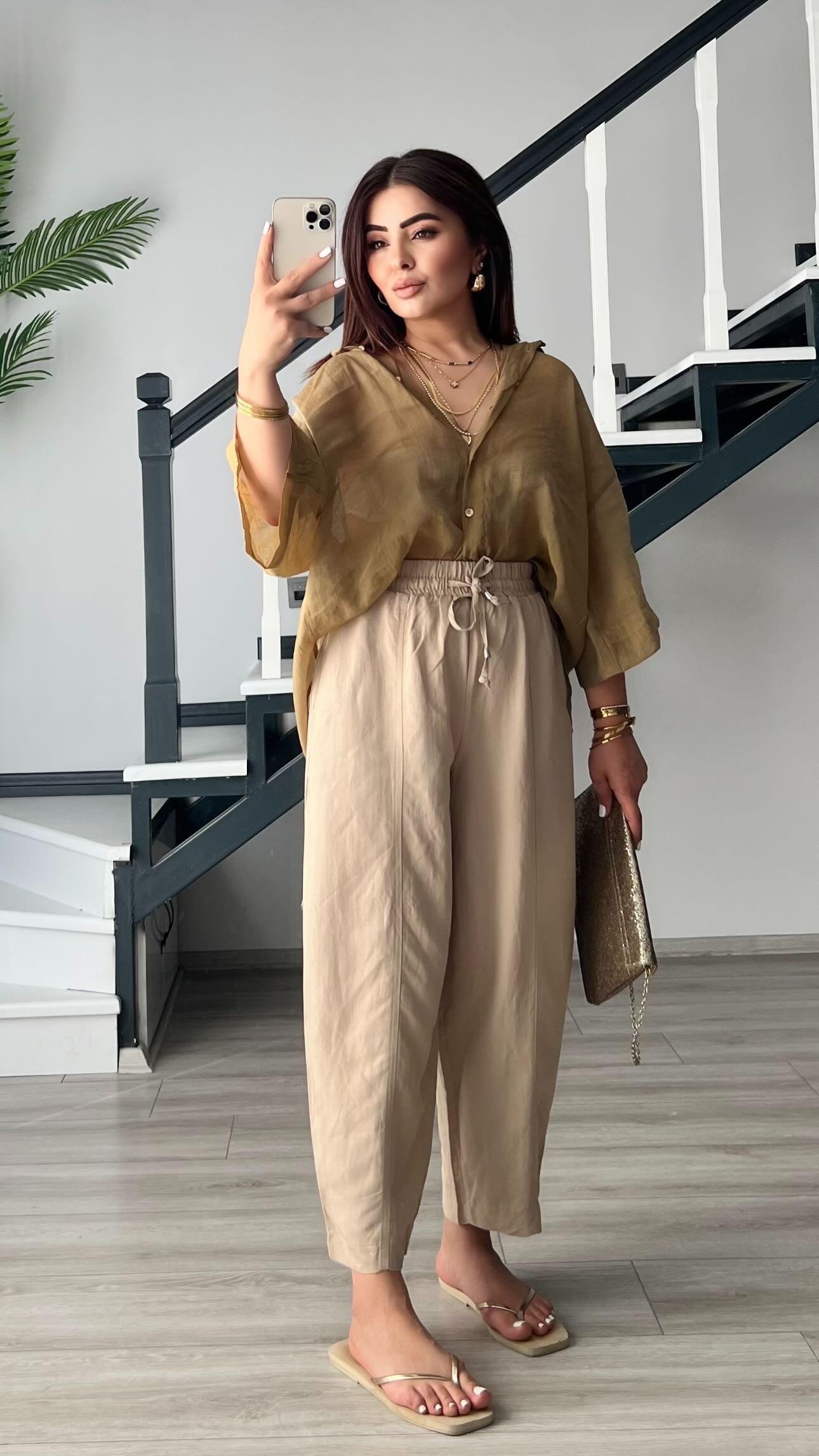 Olive Oversize İpeksi Gömlek