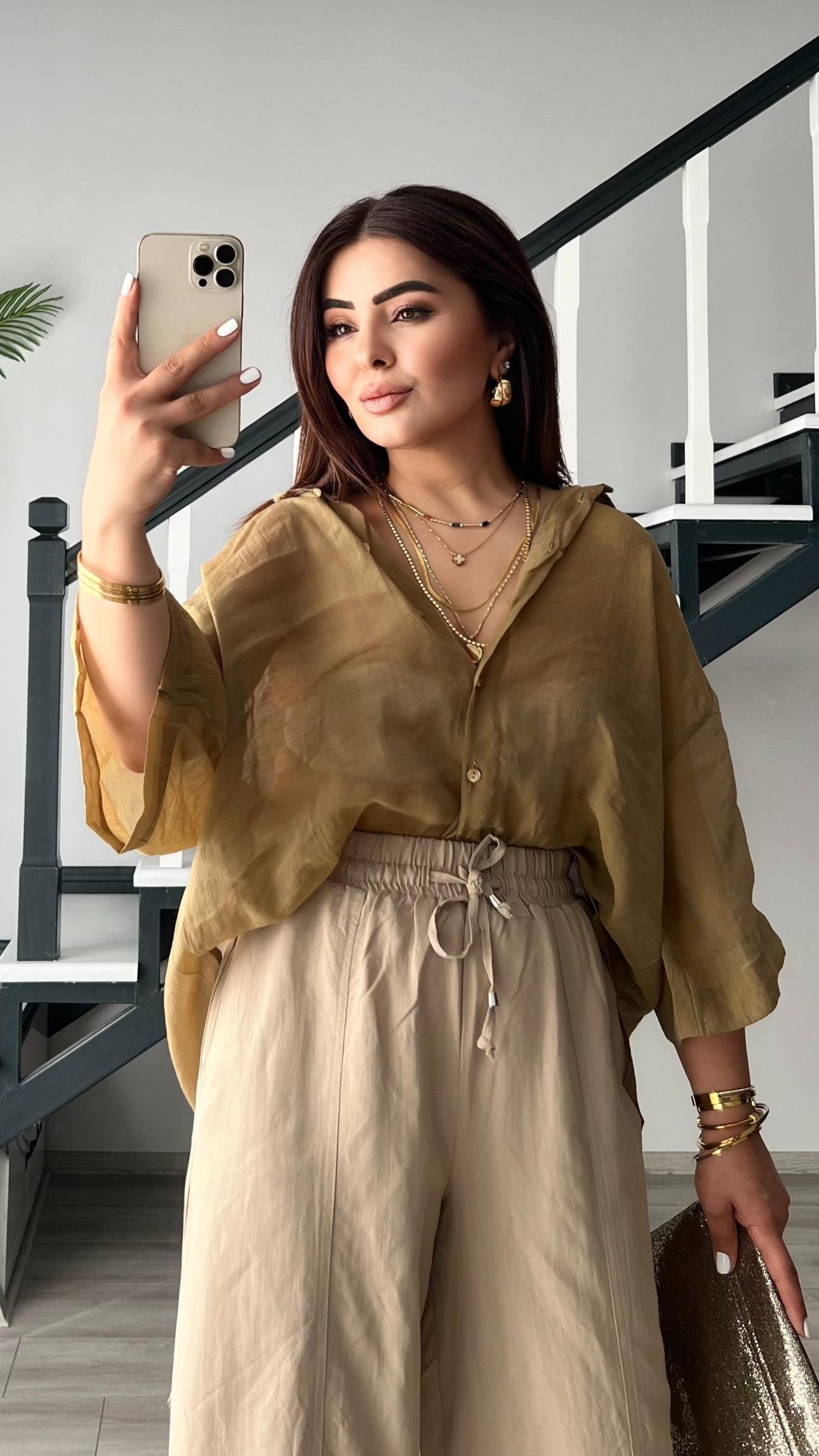 Olive Oversize İpeksi Gömlek