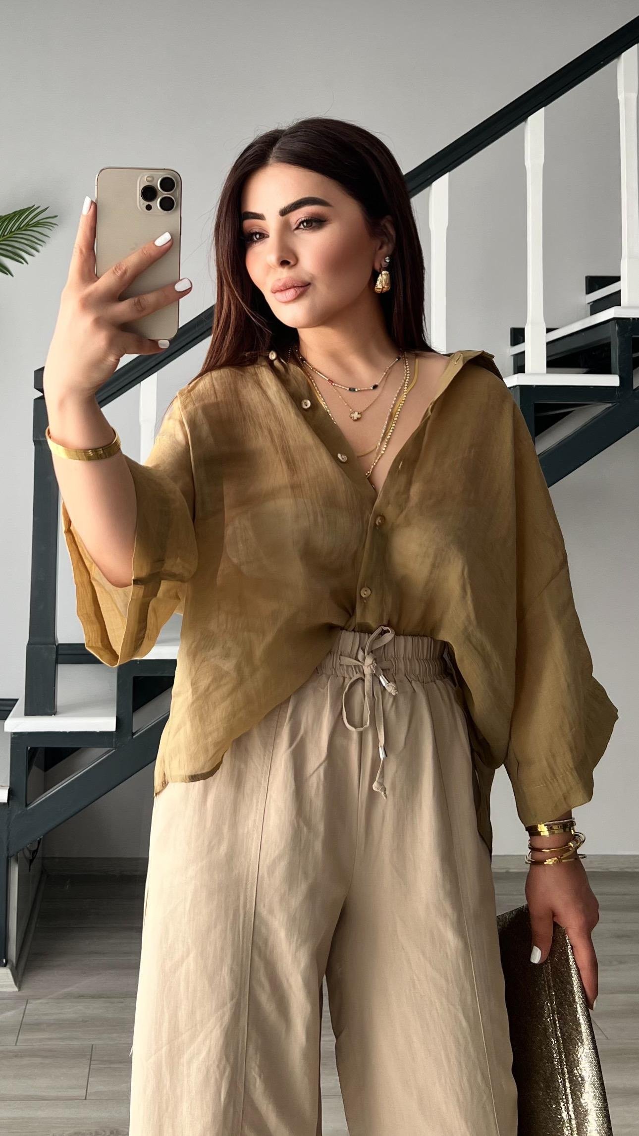 Olive Oversize İpeksi Gömlek