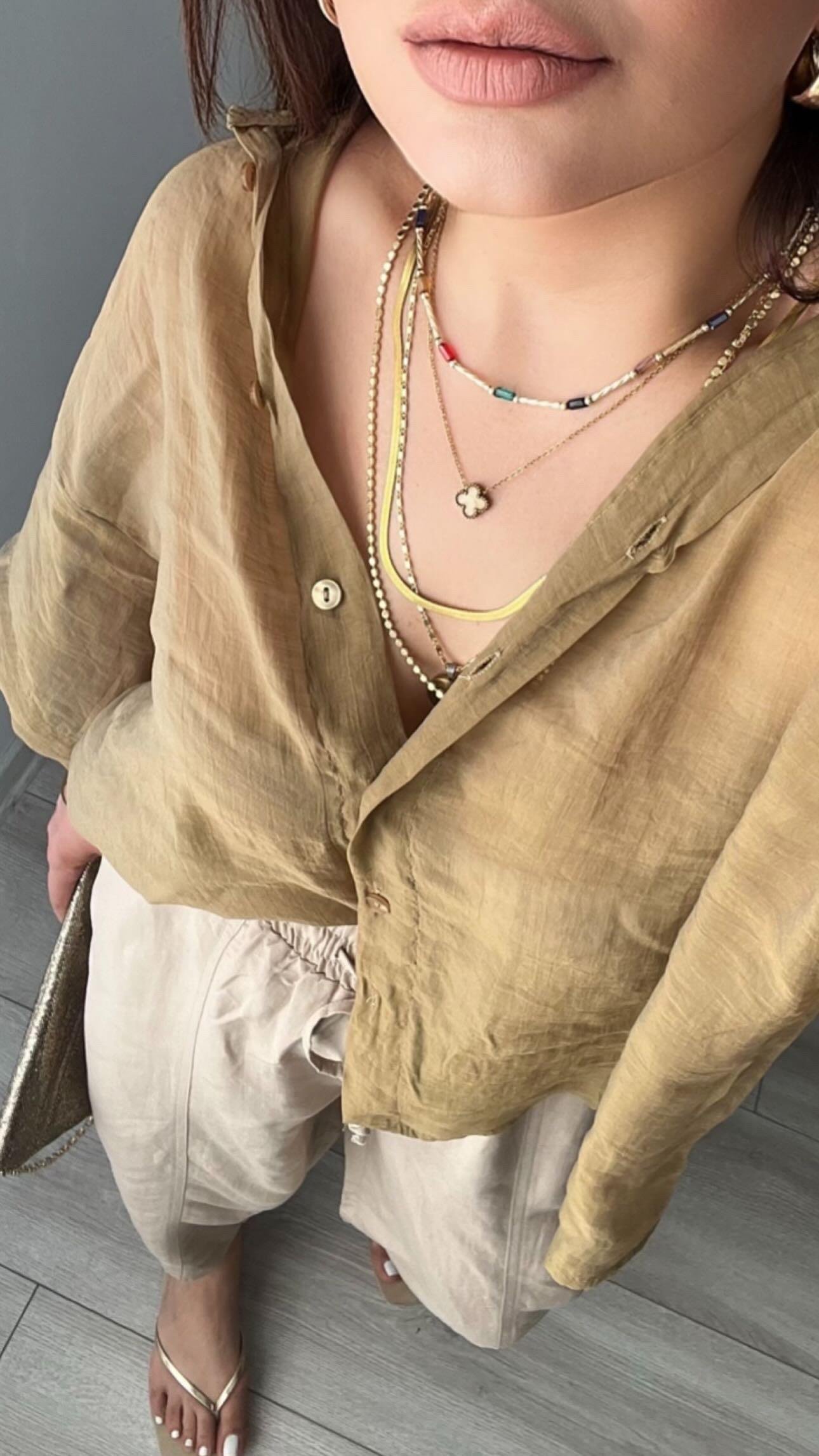 Olive Oversize İpeksi Gömlek