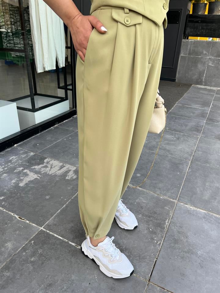 Olive Paça Düğmeli Pantolon