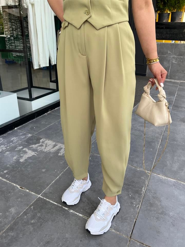 Olive Paça Düğmeli Pantolon