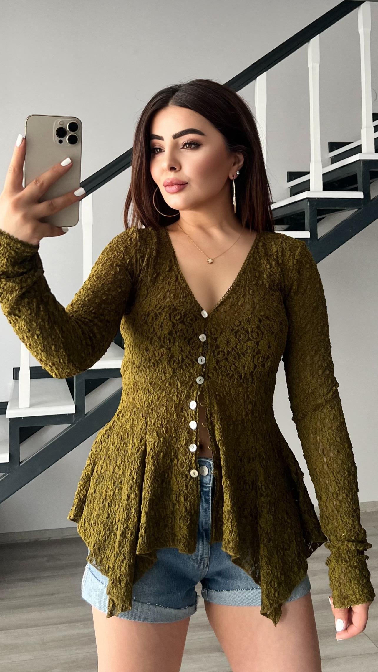 Olive Peplum Dantel Bluz