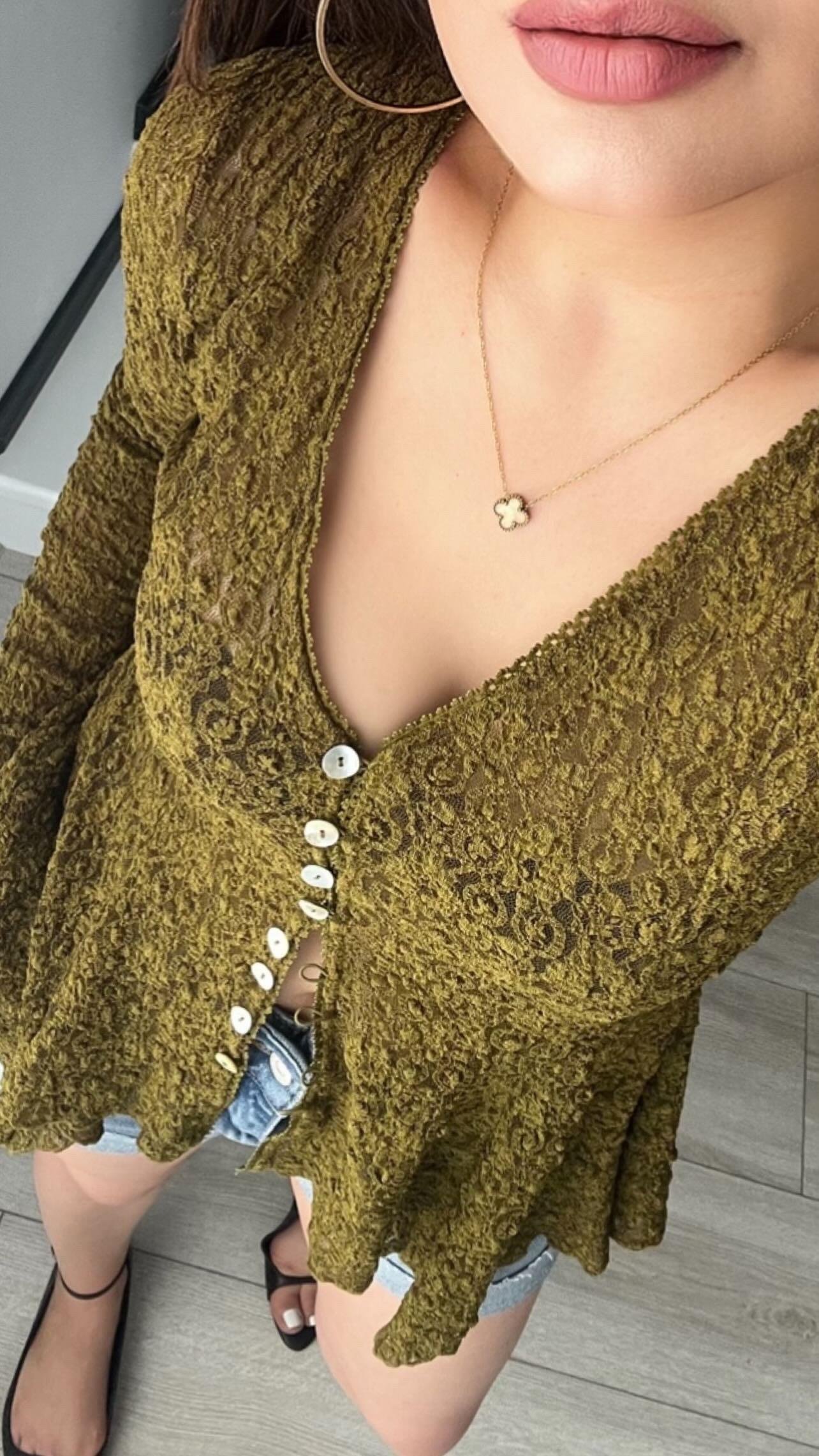 Olive Peplum Dantel Bluz