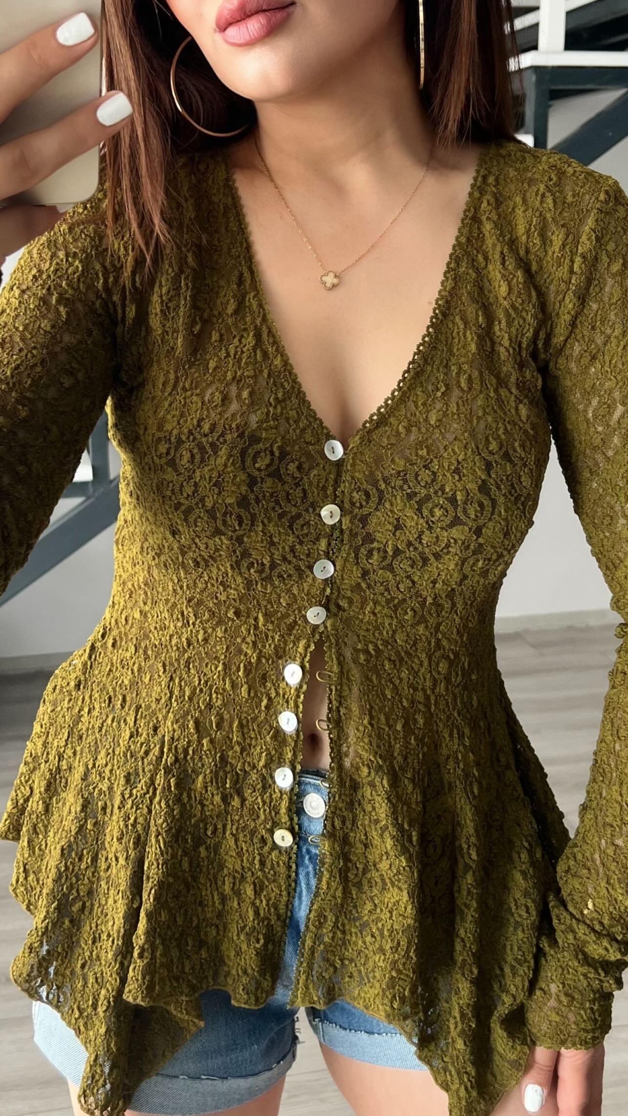 Olive Peplum Dantel Bluz