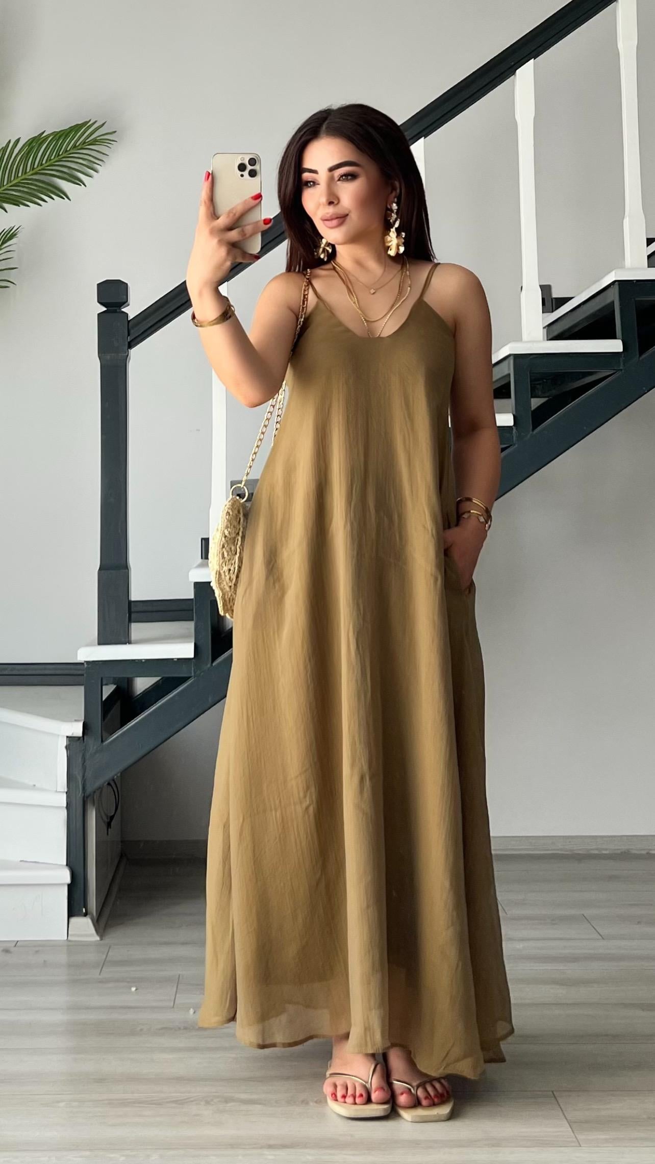 Olive Tnsel Ayatalanabilir Askılı Cepli Elbise