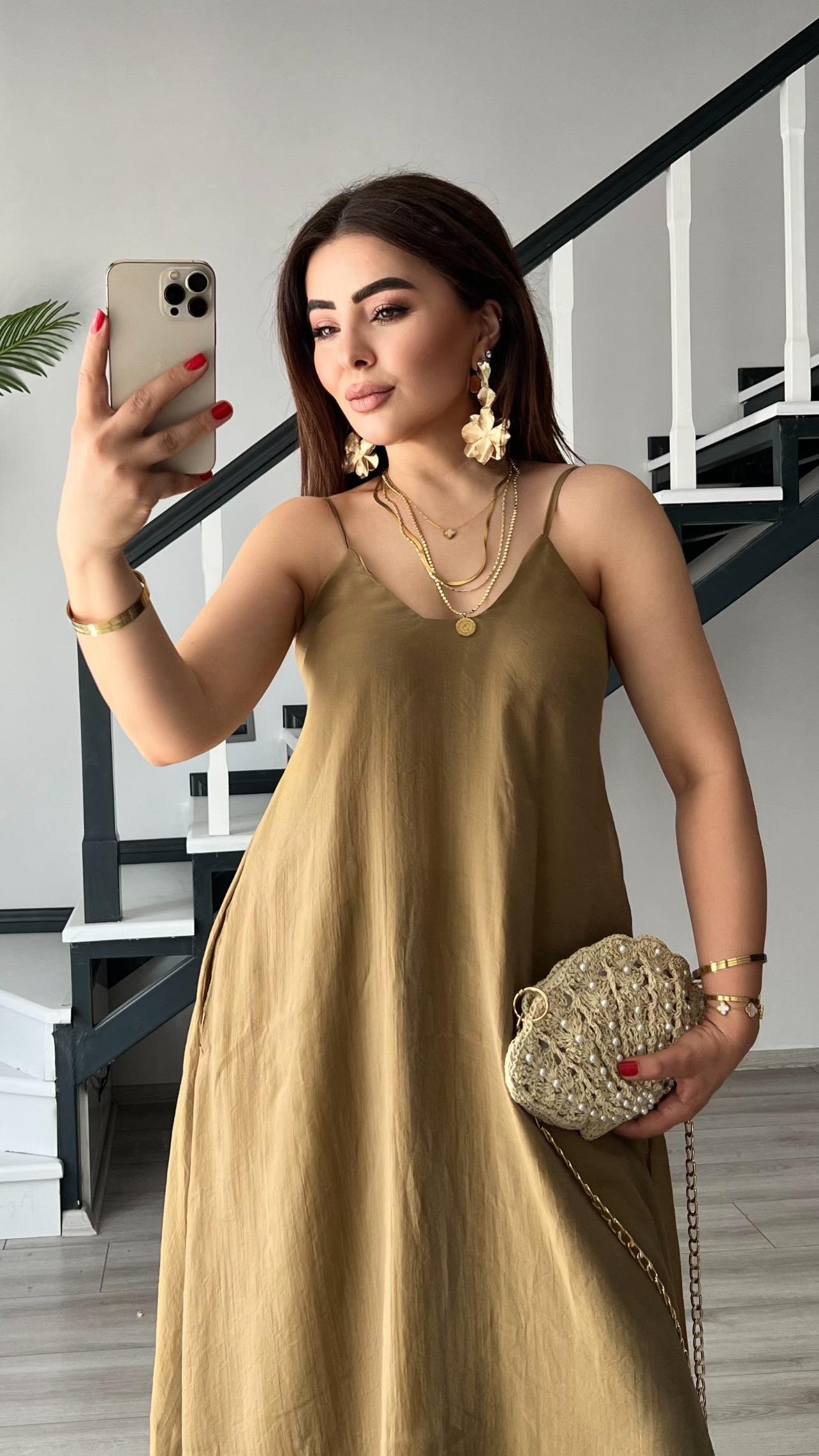 Olive Tnsel Ayatalanabilir Askılı Cepli Elbise
