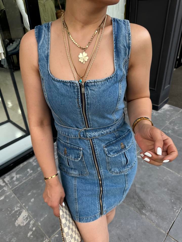 Önden Cepli Fermuarlı Denim Elbise