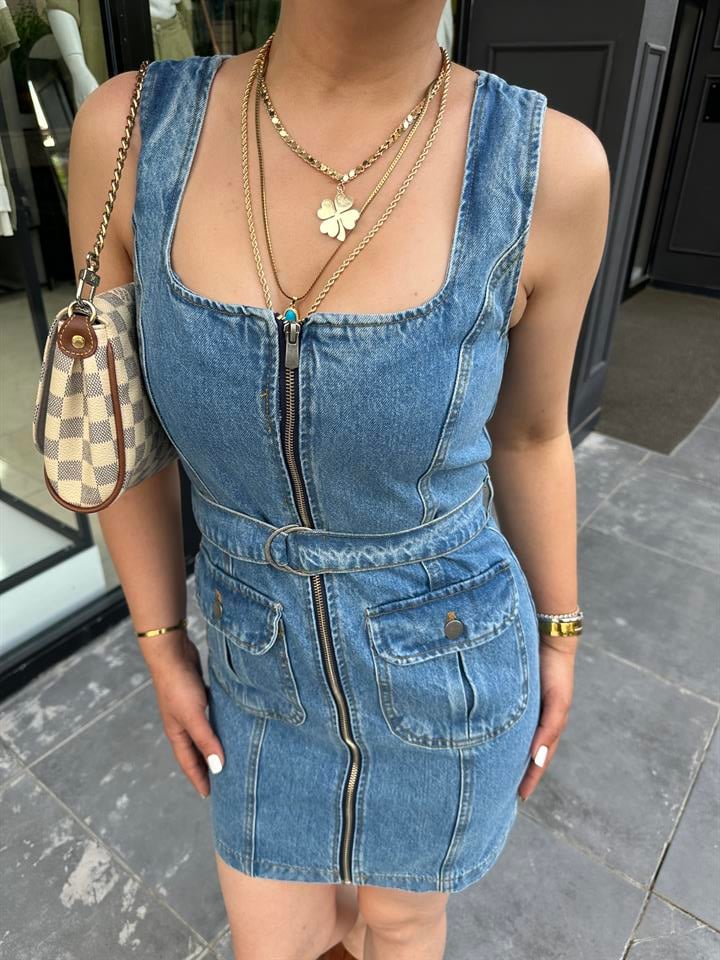 Önden Cepli Fermuarlı Denim Elbise