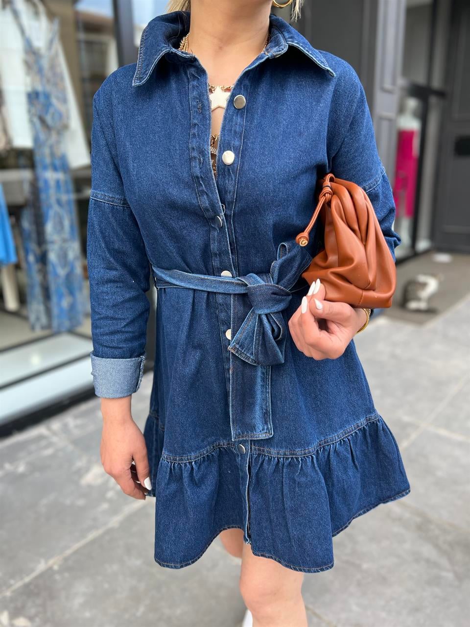 Önden Düğmeli Kuşaklı Denim Elbise