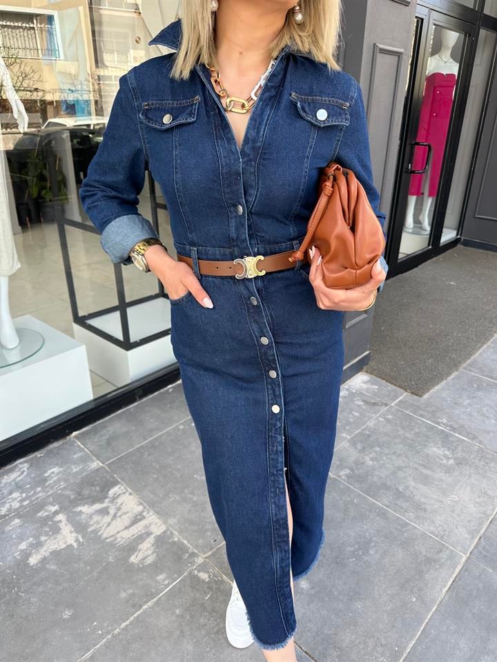 Önden Düğmeli Midi Boy Denim Elbise 