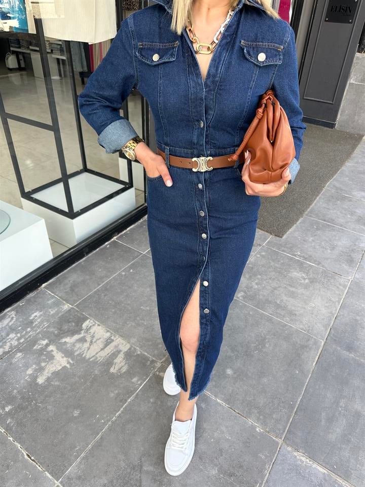 Önden Düğmeli Midi Boy Denim Elbise 