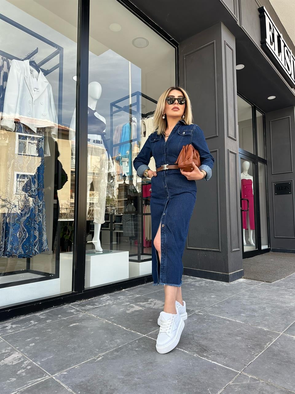 Önden Düğmeli Midi Boy Denim Elbise 