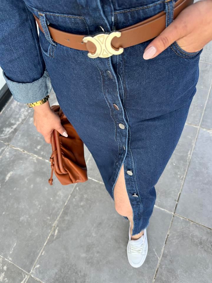 Önden Düğmeli Midi Boy Denim Elbise 