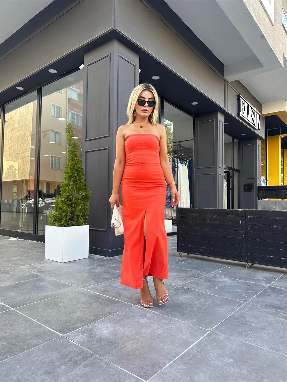 Orange Straplez Elbise 