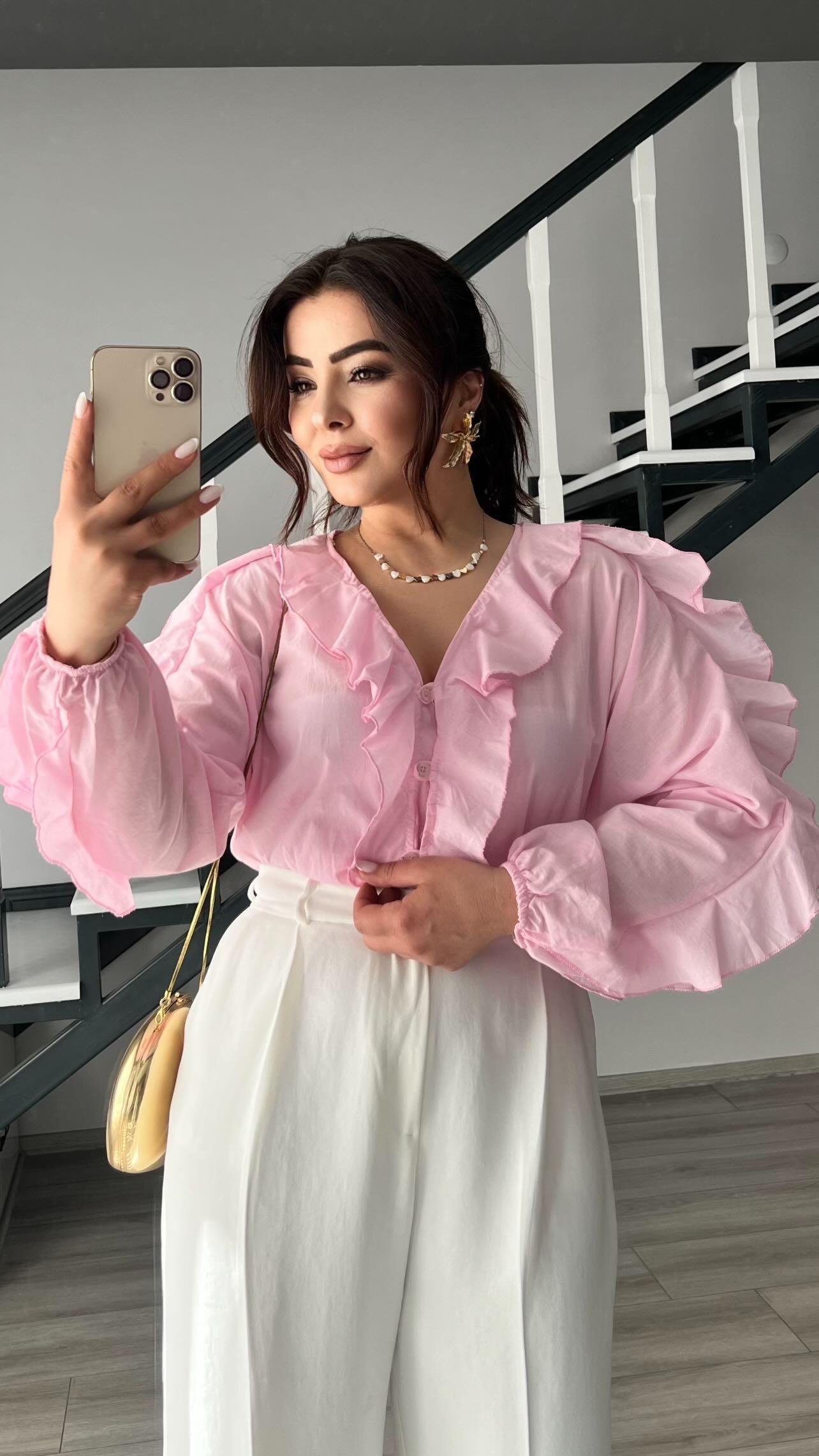 Orijinal Marka Pembe Fırfırlı Gömlek