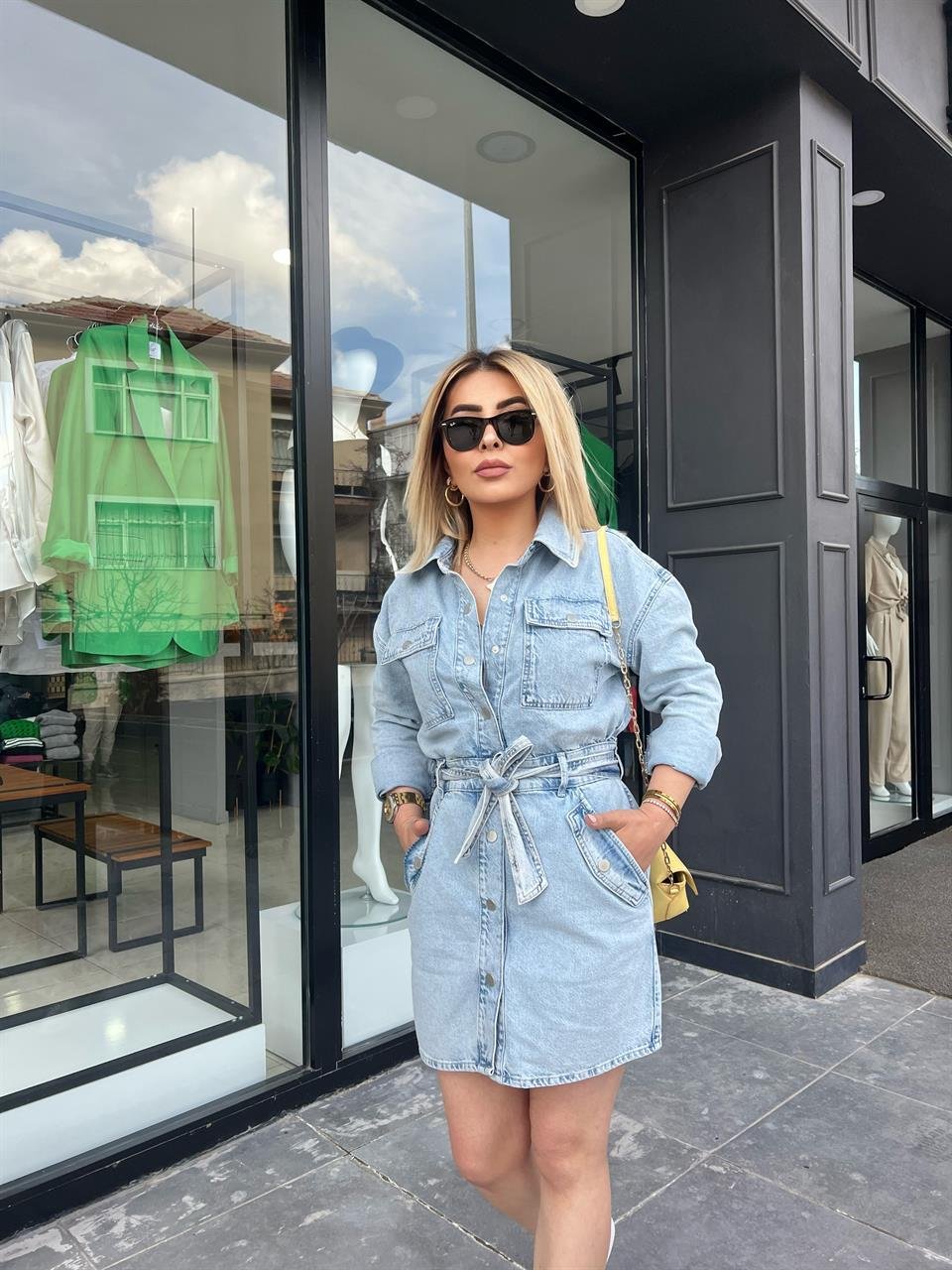 Orj. Marka Kuşaklı Denim Elbise 
