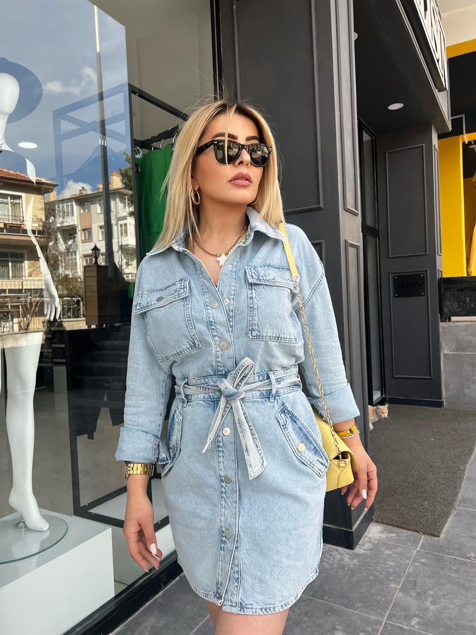 Orj. Marka Kuşaklı Denim Elbise 