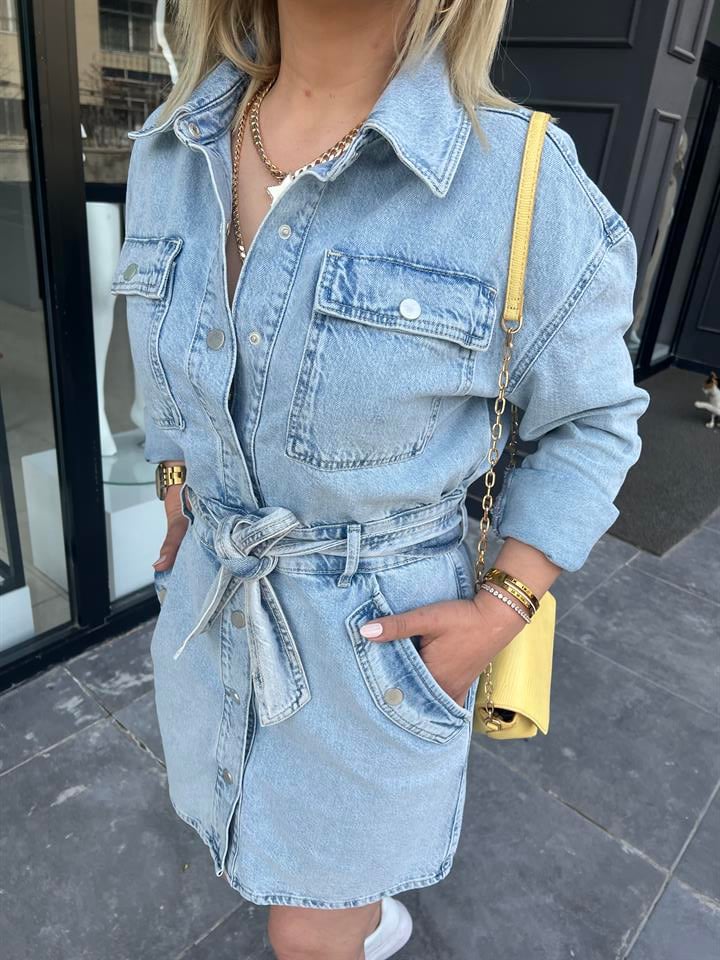 Orj. Marka Kuşaklı Denim Elbise 