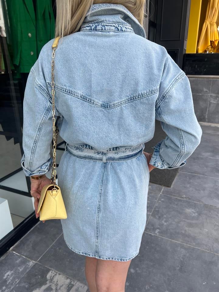 Orj. Marka Kuşaklı Denim Elbise 