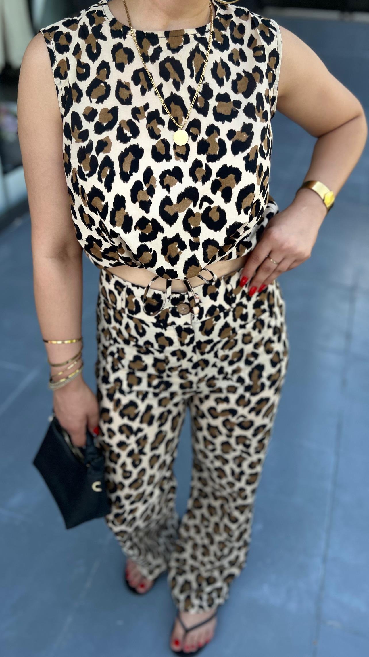 Orjinal Marka Leopar Desen Büzgülü Bluz Pantolon Takım 