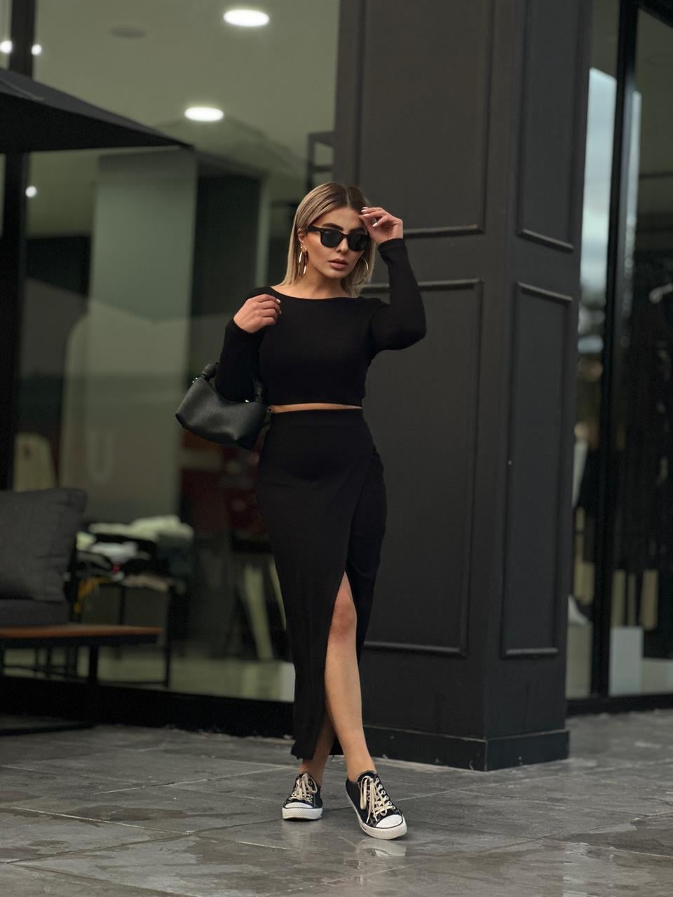 Örme Triko Crop Etek Takım