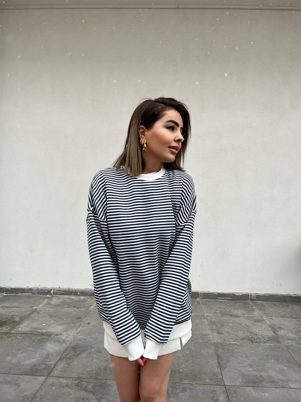 Oversize Lacivert Çizgili Sweat